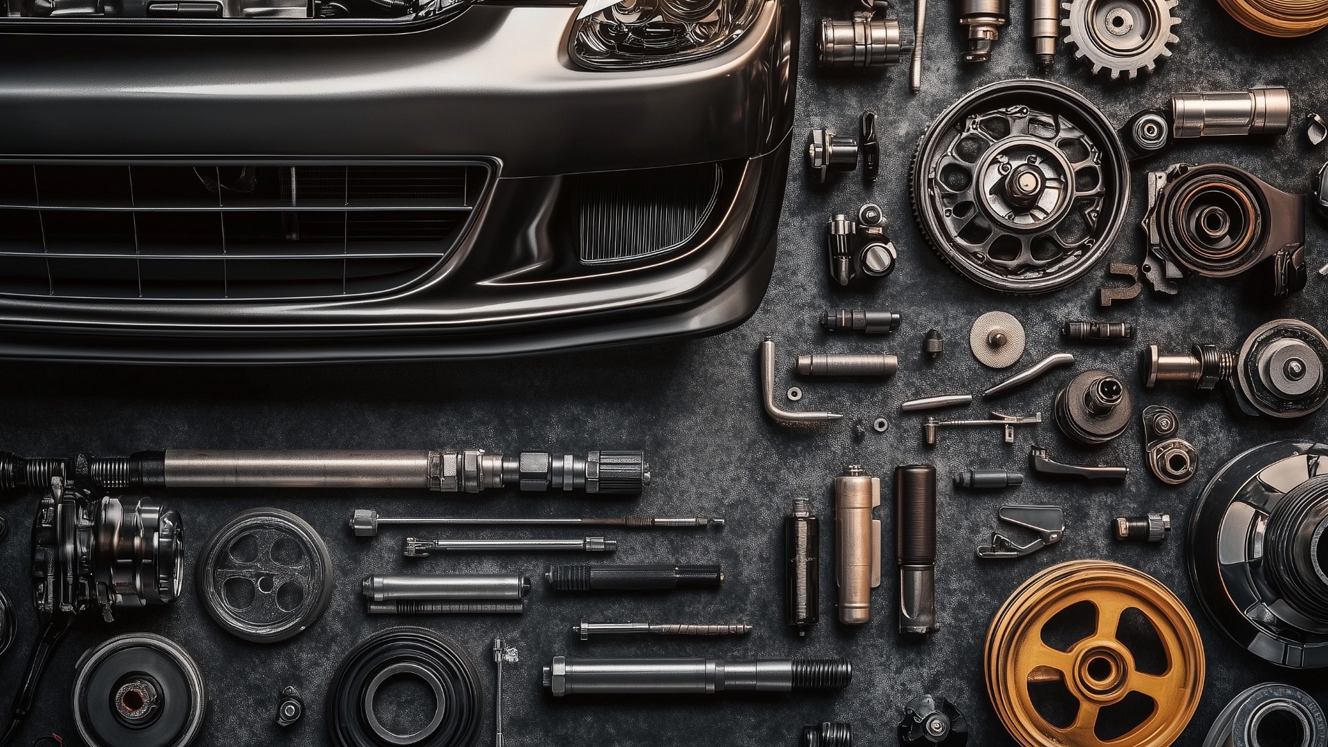 Verschiedene Autoersatzteile auf einer Werkbank in einer Garage, einer Autowerkstatt oder einem Autoteilegeschäft...